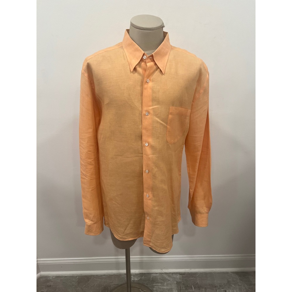 Grant Thomas Button Down Mens XXL Orange Excellent Pure Linen Long Sleeve Shirt